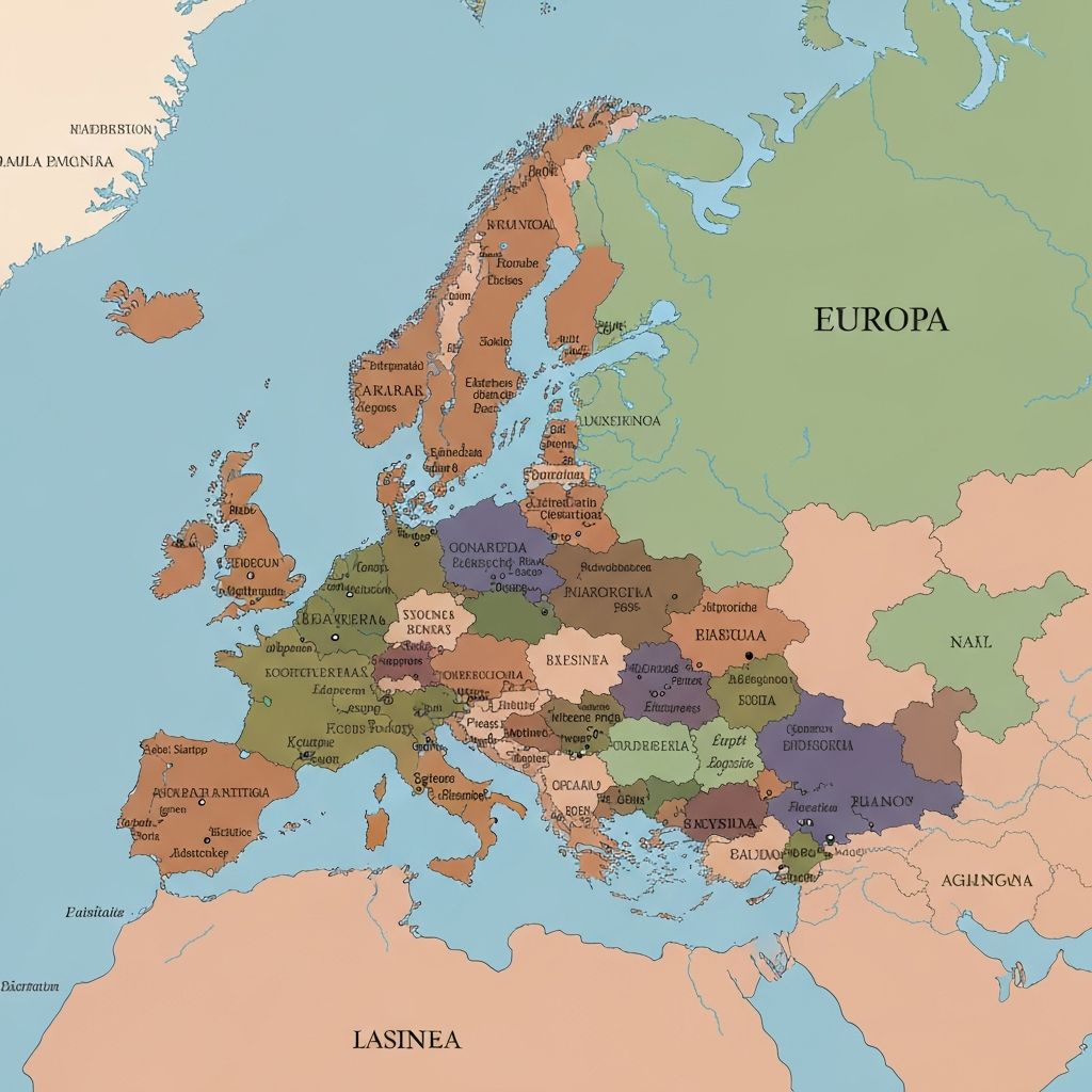 Current geographical map of Europe showing all countries